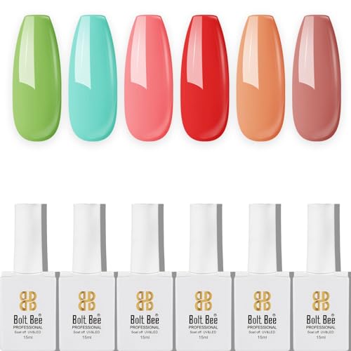 Image of DUDUSTRONG Bolt Bee Gel Glossy Finish Nail Polish Kit Gel Nail Polish Set - Summer 6 Colors Gel Polish Bright Red Mint Green Nail Polish Set For Women (A1-Vibrant (27+21+105+47+40+138)), 90 Ml