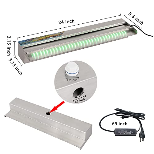 YUDA 24'' Stainless Steel Waterfall Pool Fountain with SMD LED 7 Color Changing and Remote, Lighted Waterfall Spillway for Sheer Descent Garden Outdoor - Thumbnail 3