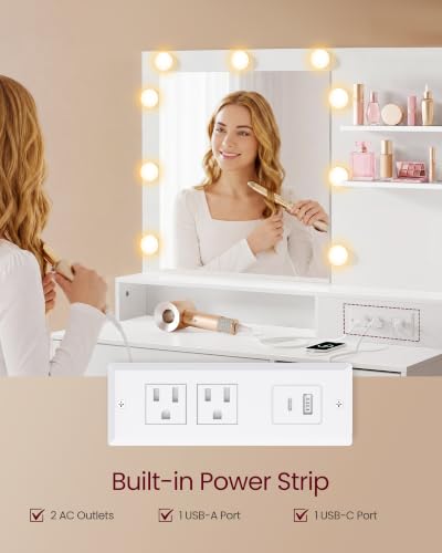 Image of VASAGLE 31.5-Inch Vanity Desk with Mirror and Lights, Power Outlets
