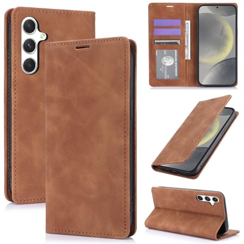 Étui portefeuille Samsung S25 marron anti-choc avec rangement cartes