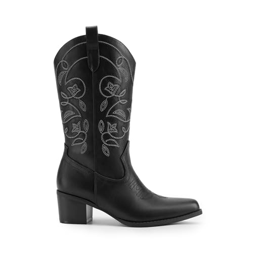 DREAM PAIRS DREAM PAIRS Cowboy Boots for Women Cowgirl Western Boots Fashion Embroidery Stitched Chunky Heel Mid Calf Boots,Size 7,Black-Pu,DWUMMB2504