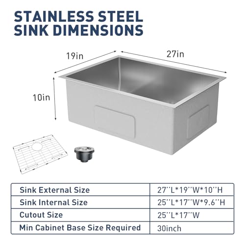 GarveeHome Undermount Kitchen Sink, 27x19 Inch Stainless Steel Kitchen- Single Bowl Sinks, Modern Top Mount 16 Gauge Workstation Sink-with Accessories for Bar, Silver (Not Included Faucet)