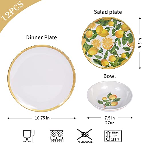 Melamine Dinnerware Sets- 12Pcs Melamine Plates And Bowls Set For 4,Indoor And Outdoor Dinnerware, Lemon Dinnerware Set #TOP3