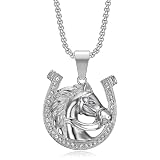 NEGS Lucky Horse Pendant Punk Rock Stainless Steel Necklace, 24 Inch Chain Hip Hop Horseshoe Party Rodeo Jewelry Animal Gift for Men Women