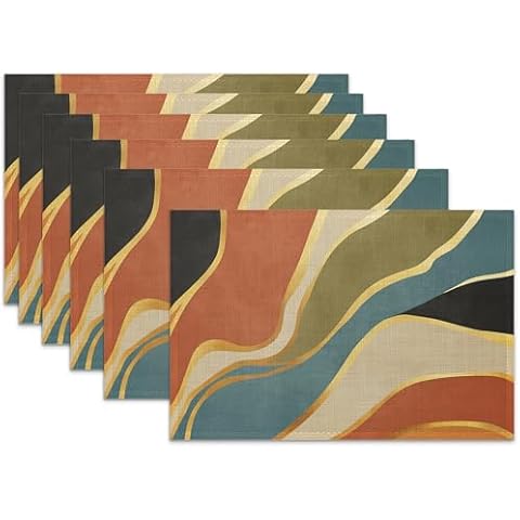 Boho Waves Linen Placemats Set of 6,12x18 Inch Abstract Geometric Washable Table Mats Heat Resistant Place Mats for Home Party Kitchen Dining Decoration Cover