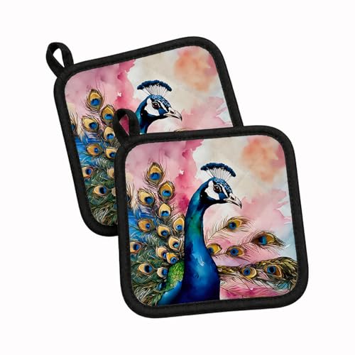 Caroline's Treasures Peacock Pair of Pot Holders Kitchen Heat Resistant Pot Holders Sets Oven Hot Pads for Cooking Baking BBQ, 7 1/2 x 7 1/2