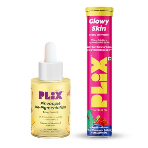 Image of The Plant Fix Plix Glutathione Skin Glow 15 Effervescent Tablets And Pineapple Serum Combo For Clear Skin, 2% Alpha Arbutin For Unisex With Niacinamide, PHA And Vitamin E, 15Ml (Pack of 2)