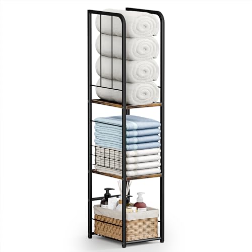 KIMBORA Narrow Towel Storage for Bathroom, 3-Tier Free Standing Bathroom Towel Rack Organizer with Shelf for Small Bath, Pool, Brown