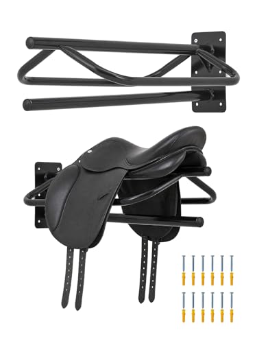 2 Pack Wall Mounted Saddle Rack with Double Pad Bar Heavy Duty Steel Saddle Stand Powder-Coated Saddle Tack Storage for English & Western Saddles/Blankets Horse Tack Organization Wall Storage Black