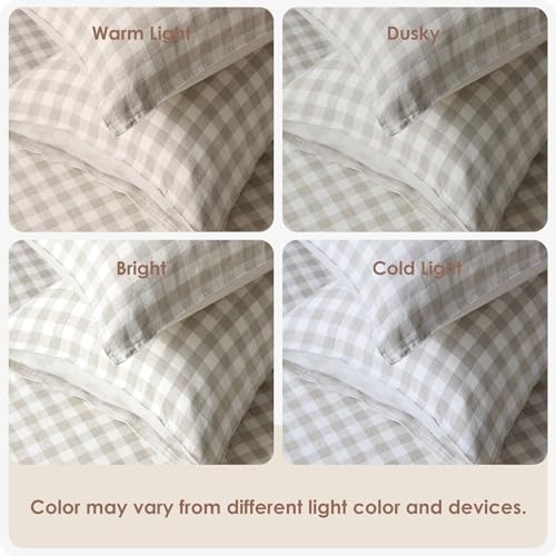 DAPU Pure Linen Sheets Set, Gingham Check Plaid 100% Washed Linen Bedding with Envelope Closure, 4 PCs Hypoallergenic Soft Linen Sheets Set, Geometric Checkered Pattern in Beige & White, Queen Size