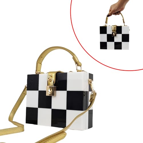 Image of Black White Checkerboard Acrylic Clutch Purse Bag Women Box Evening Bags Acrylic Chain Crossbody Handbag(Stitching)