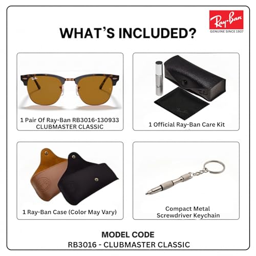 Image of Ray-Ban RB3016 CLUBMASTER CLASSIC Square Shaped Sunglasses for Men & Women with Official RAYBAN Eyewear Kit