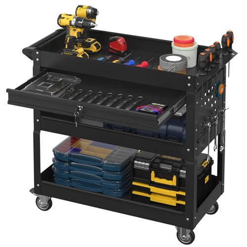 Percince 3 Tier Rolling Tool Cart with Drawer, 450 LBS Heavy Duty Utility Cart on Wheels, Service...