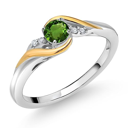 Gem Stone King 925 Sterling Silver and 10K Yellow Gold Round Green Tourmaline and White Lab Grown Diamond Engagement Ring For Women (0.28 Cttw, Gemstone Birthstone, Available In Size 5, 6, 7, 8, 9)