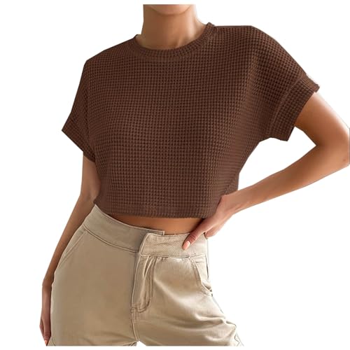 Women's Waffle Cropped T Shirts Trendy Short Sleeve Crew Neck Crop Tops Solid Color Loose Fit Basic Tee Red