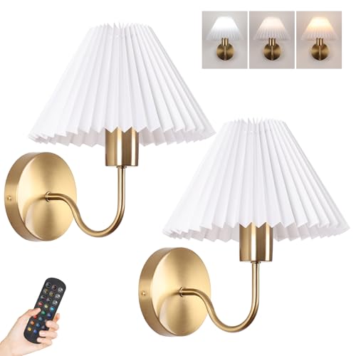 Image of Rechargeable Battery Operated Wall Sconces Set of 2 Brushed Brass Wall Lights with Remote Dimmable Pleated Shades Wall Lamp 15 Colors Wireless Bathroom Vanity Light for Bedroom Living Room Hallway