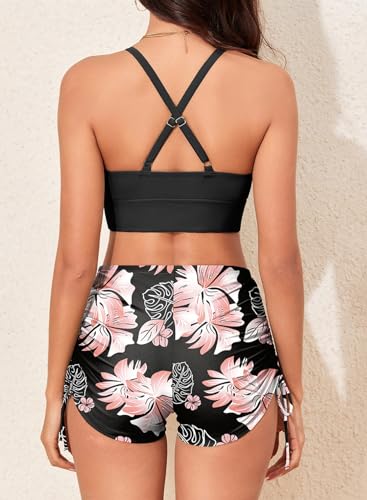 Herseas Women's Floral Print Drawstring Boyshorts Swimsuits Criss Cross Top Bikini Sets High Waisted Two Pieces Bathing Suits3