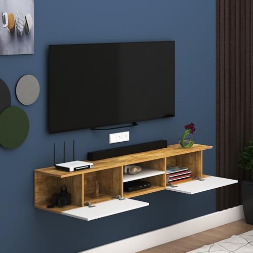 Image of Anikaa Nimbus Wall Mount TV Unit Cabinet | Modern Entertainment Center with Storage, Drawers, Shelves & Soft-Close Doors | Stylish Floating TV Stand for Up to 50 inch TVs - Giantwood /White (DIY)