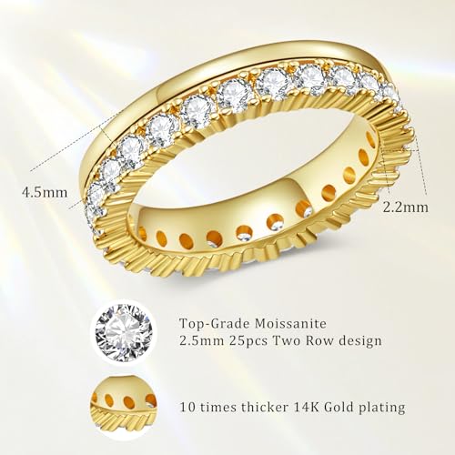 Moissanite Eternity Band Rings for Women, 14k Gold Plated Dual Eternity Rings Wedding Band for Women Stacking, Gold Jewelry Non Tarnish Engagement Promise Anniversary Comfort Fit Size 5-102