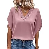 Blusa con Cuello en V para Mujer, Camiseta de Manga Corta, Top de Poliéster, Encaje Elegante Informal para IR de Compras (XXL)