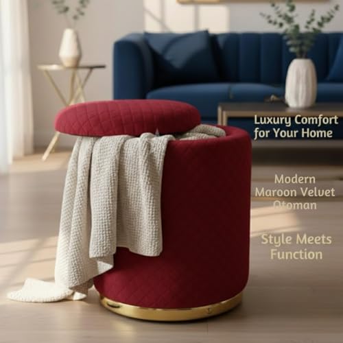 Image of Premium Round Storage Ottoman Stool 13 X 13X 16 inch, with Gold Metal Base | Luxury Pouffe with Hidden Storage | Cushioned Footrest for Living Room, Bedroom & Lounge Maroon