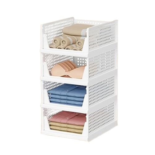 Sulfar Foldable Cupboard Organizer For Clothes - Stackable Closet Organizer For Wardrobe - For Shirt | Pants | Jeans - Plastic Cupboard Dress Racks For Clothes Storage (White) Pack of 4