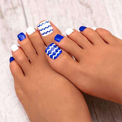 Woeoe Glossy Blue Fake Toenails Short Acrylic Press on Toenails Full Cover Geometrical Lines False Toenails for Women and Girls (24Pcs)
