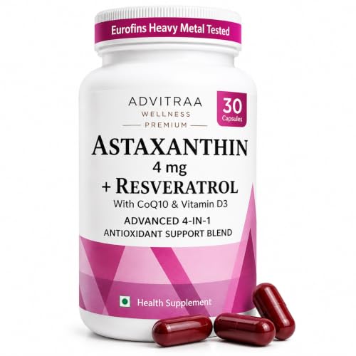 Image of Astaxanthin 4mg + Resveratrol 250mg | For Skin, Eye, Brain, Energy & Immunity | EUROFINS Lab tested | 4-in-1 Antioxidant powered with with COQ10 & Vitamin D3 | Fresh Microalgae Source | 30 Veg Capsules