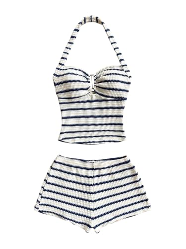 SOLY HUX Womens Summer 2 Piece Outfits Striped Crochet Halter Top Mini Shorts Set Beach Vacation Y2K Sets Blue and White Medium