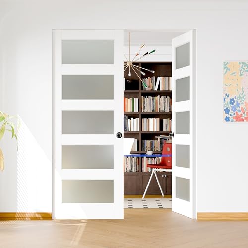 Image of (24 inch x 2) x 80 inch Frosted Glass French Door Slab, White 5 Lite Pantry Door with Black Knobs & Lock, Pre-Drilled, Easy to Assemble Interior Doors for Bathroom, Bedroom, Laundry