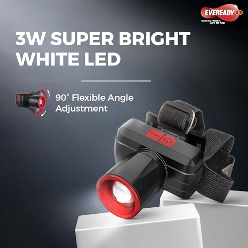 Image of Eveready DL91 Headlamp Pro, Rechargeable 3W LED Headlight Torch, 20000 Lux Power, Telescopic Focus, 7-Hour Lighting Time, Dual Mode, USB Type-C Charging, 90 Tilt, Wearable Without Helmet