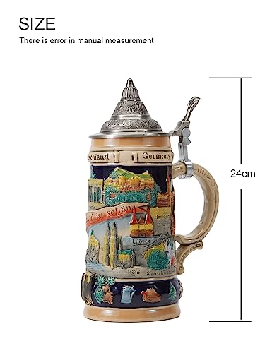HAUCOZE Beer Stein Mug German Landmarks Drinking Viking Tankard with Pewter Lid Birthday Gifts for Men Father Husband 0.6 Liter - Thumbnail 5