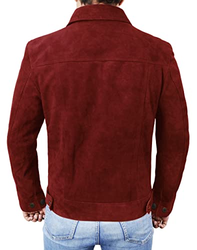 Image of Mens Premium Brown Suede Leather Trucker Jacket - Vintage Classic Motorcycle Western Goat Leather Coat