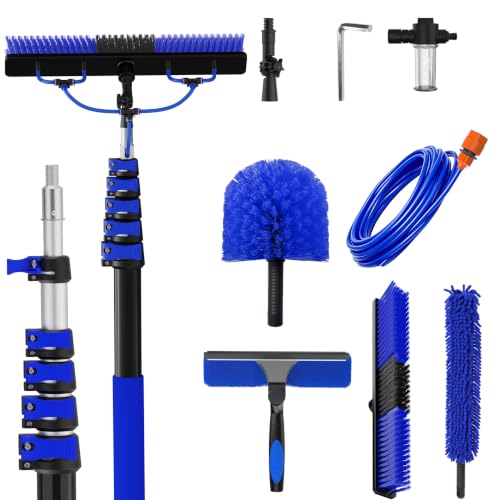 Image of 30FT Reach Solar Panel Cleaning Brush Kit with 5-24FT Telescoping Pole, 40FT Hose, 20 inch Water Fed Brush, Soap Dispenser, Cobweb Duster, Squeegee & High Ceiling Duster for Roof, RV, Gutter, Boat, Deck
