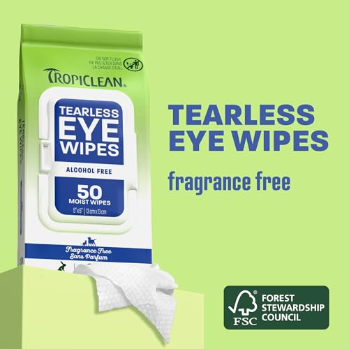 Image of TropiClean Tearless Dog Eye Wipes, Dermatologist Approved Tear Stain Remover for Dogs & Cats, Gentle & Safe for Daily Use, Made in USA, 50ct.