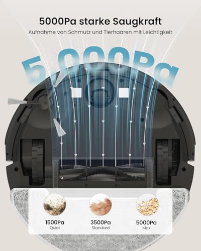Vexilar W11 Staubsauger Roboter mit Wischfunktion, 3L Saugroboter mit Absaugstation, 6000Pa Saugkraft, 180Min Laufzeit, LiDAR Navigation, 15 No-Go Zonen, APP Steuerung, Ideal für Teppich und Tierhaare