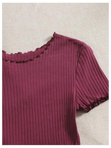 OYOANGLE Girl's 3 Pack Ribbed Knit T Shirts Short Sleeve Crew Neck Lettuce Trim Basic Solid Tee Tops3