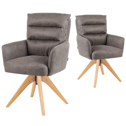 DUBI Möbel Esszimmerstühle 2er Set 360° drehbar mit Taschenfederkern, hoher Sitzkomfort, bis 150 kg belastbar, abriebfester Stoff Taupe, Eiche Massivholzgestell geölt (Natur), Mika-Juna
