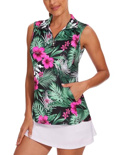 Tanst Sky Women's Sleeveless Golf Shirt Quick Dry Zip Up Workout Tennis Tops with Pockets