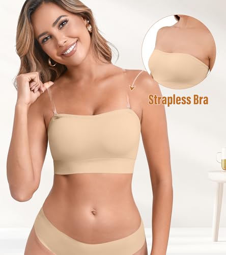 DEANGELMON Strapless Bras for Women Comfort Non-Slip Seamless Padded Bralette Clear Straps Wireless Tube Top Bra3