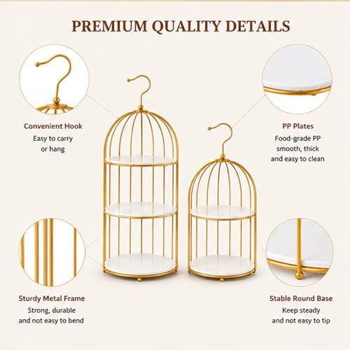 AIJIDIWO Gold Bird Cage Cupcake Stand Set, 2-Piece 3-Tier and 2-Tier Acrylic Dessert Display Trays, Metal Serving Stands for Wedding, Birthday, Baby Shower, Tea Party and Buffet Table Decor by AIJIDIWO - Used condition - Image 5