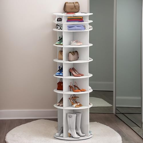 Image of Leavader 8-Tier Round Rotating Shoe Rack Tower, White Spinning Shoe Shelf with Vertical Handbag Rotate Shoes Closet Organization, 360 Shoe Rack Storage Round Carousel
