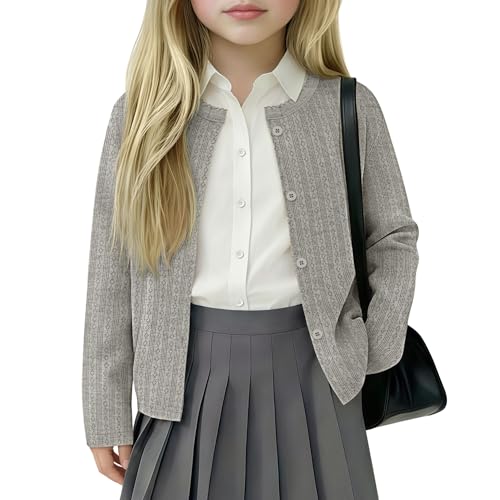 LessonZoo Girls' Long Sleeve Cardigans Lightweight Crewneck Sweater Classic Button-up School Uniform Cute Solid Knit Jacket (Gray,9-10 Years)