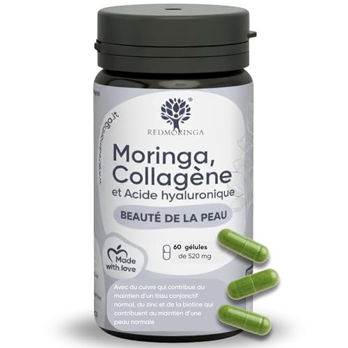 Collagène et acide hyaluronique avec cuivre, zinc, biotine, vitamine A,B2,B3,C, Moringa Bio | Complément pour la peau et les articulations | Anti-rides | Fabriqué en Italie RedMoringa (60 gélules)