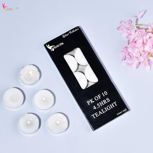 Image of Kriti Life Tealight Candles - 100% Paraffin Wax, Smokeless & Unscented, Long Burn 4.5 Hours, Set of 10 Pcs, Dripless White Candles for Home Decor, Diwali, Weddings, Meditation