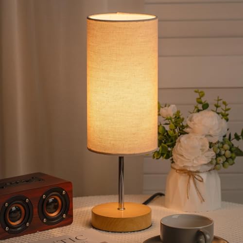 Image of PrettyKrafts Cylindrical Table Lamp with Wooden Base (Bulb Not Included) | 40 x 40 x 46 cm | Natural Color | Modern Decorative Bedside Desk Lamp, Nightstand & Living Room Lamp | Home Decor Lighting