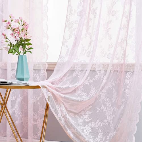MIULEE 2 Panels Curtains Sheer Lace Curtain Panel Lace Embroidered Sheer Flora Design Grommet Window Voile Panels Drape Treatment Home for Bedroom Living Room 150 x 245 cm 59" W x 96" L Pink