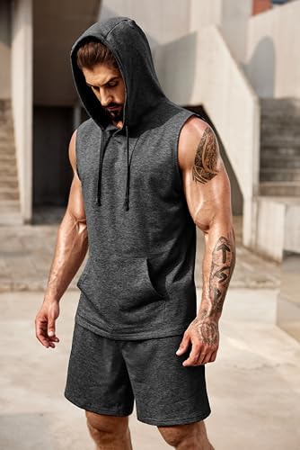 COOFANDY Mens Sleeveless Workout Hoodie Shorts Set 2 Piece Outfits Hooded Tank Tops Gym Tracksuit Sweatsuits3