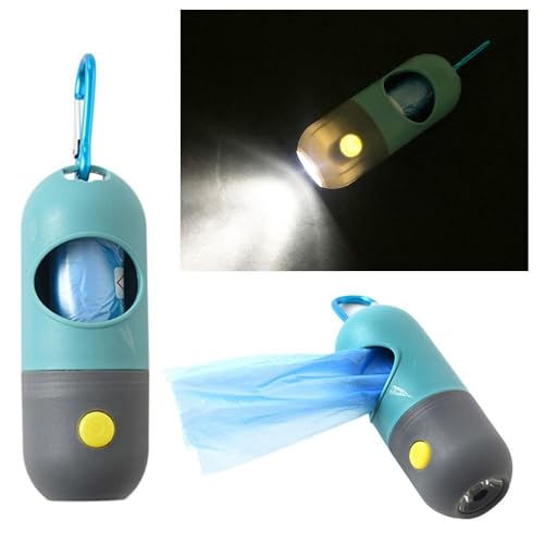 Distributeur de sacs poubelle pour chien avec lampe de poche LED, clip mousqueton et rouleau de sac (bleu)
