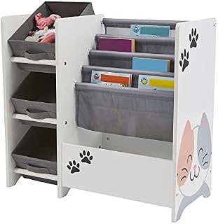 Liberty House Toys Cat and Dog Bookshelf with Toy Storage, Book Display, Removable Fabric Storage Boxes, White and Grey,H600 x W650 x D300mm